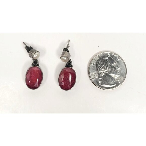 Ross-Simons SS Black Rhodium Oval Pink Ruby Drop Pierced Earrings Faux Pearl - Picture 5 of 11